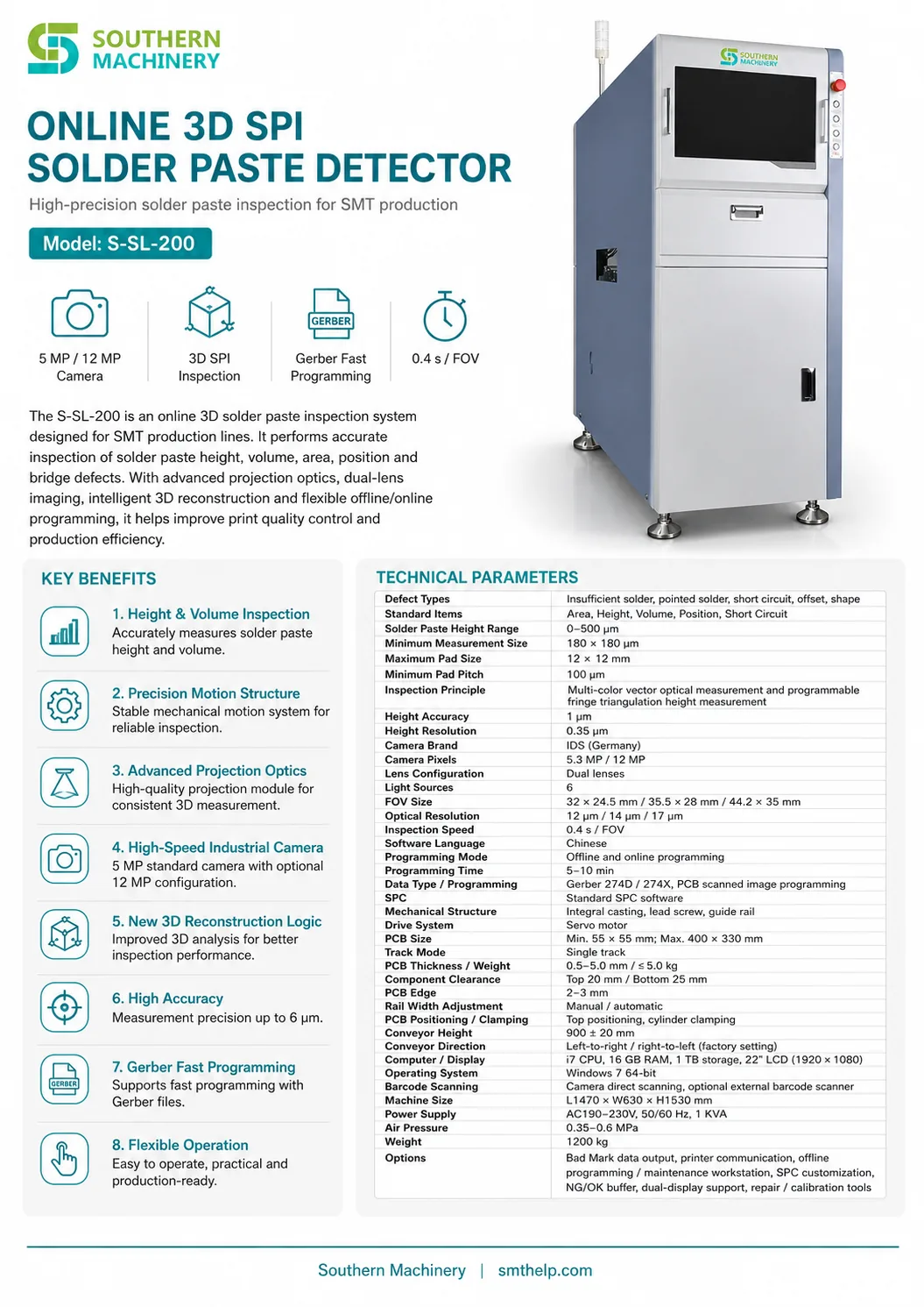 Southern Machinery smt aoi inspection equipment s-sl-200 online 3d spi solder paste detector