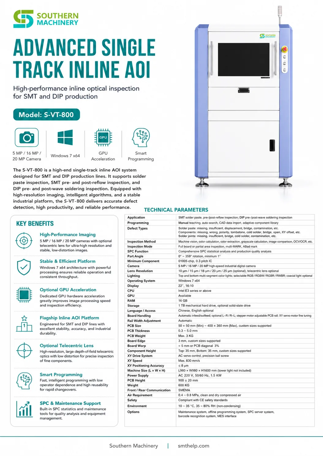 Southern Machinery smt aoi inspection equipment s-vl-800 advanced single track inline aoi