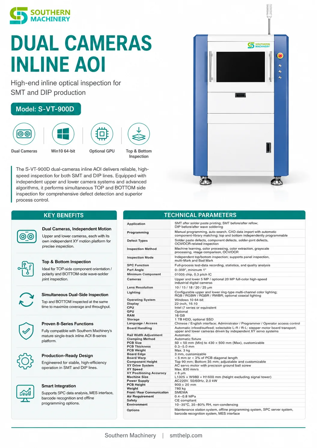 Southern Machinery smt aoi inspection equipment s-vl-900d dual cameras inline aoi